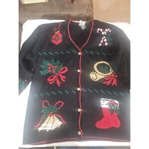 Style Studio Ladies Christmas Sweater Cardigan Button Up Black Size 1X NWOT